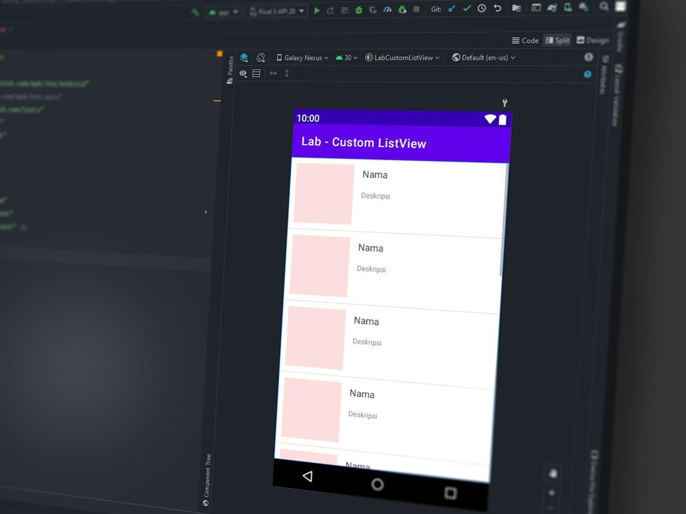 Android Studio showing a mobile app content list under development